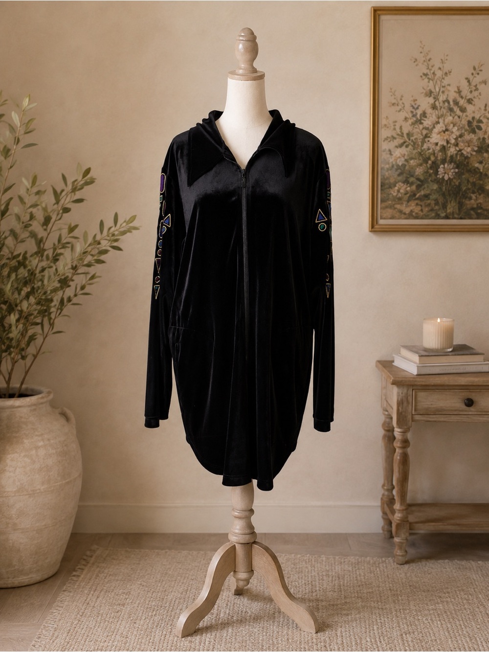 Bob Mackie Wearable Art Velour Zip Jacket 2X Black Embroidered Art To Wear Jewel - Picture 4 of 9